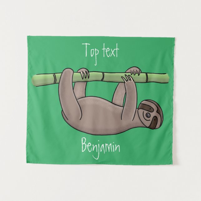 Cute smiling sloth on bamboo cartoon illustration  tapestry (Front (Horizontal))