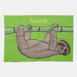 Cute smiling sloth on bamboo cartoon illustration tea towel