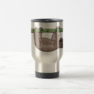 Cute smiling sloth on bamboo cartoon illustration travel mug