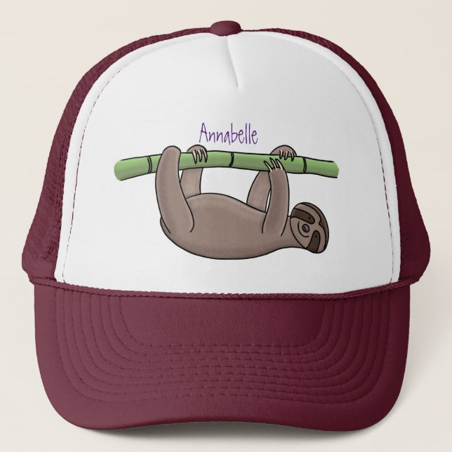 Cute smiling sloth on bamboo cartoon illustration trucker hat (Front)