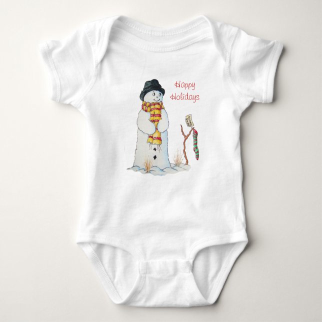 Cute smiling snowman in the snow at christmas baby bodysuit (Front)
