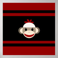 Cute Smiling Sock Monkey Face on Red Black