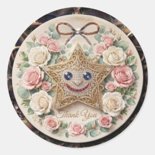 Cute Smiling Star with Roses Round Sticker Flora