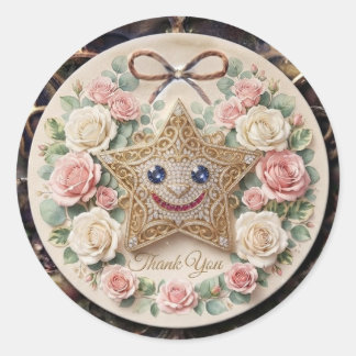 Cute Smiling Star with Roses Round Sticker | Flora