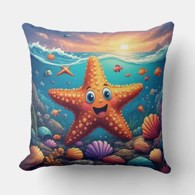 Cute Smiling Starfish Cartoon On Beach Cushion (Front)