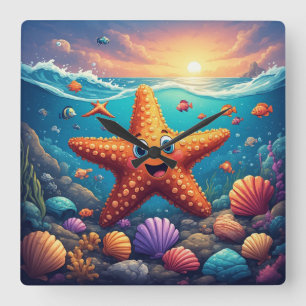 Cute Smiling Starfish Cartoon On Beach Square Wall Clock