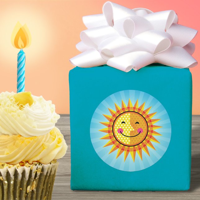 Cute Smiling Sun Yellow Orange Blue Classic Round Sticker (Creator Uploaded)