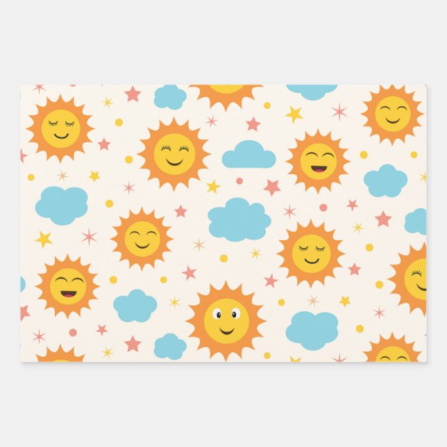 Cute Smiling Sunshine with Clouds and Stars Patter Wrapping Paper Sheet (Front)