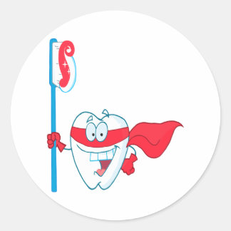 Cute Smiling Superhero Tooth With Toothbrush Classic Round Sticker