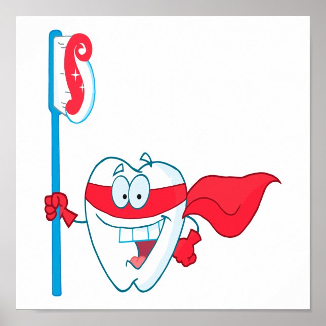 Cute Smiling Superhero Tooth With Toothbrush Poster (Front)
