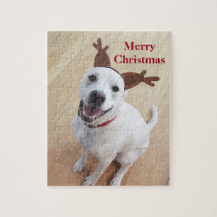 Cute Smiling White Reindeer Puppy Dog Christmas Jigsaw Puzzle