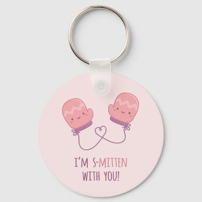 Cute Smitten With You Mitten Pair In Love Pun Key Ring (Front)