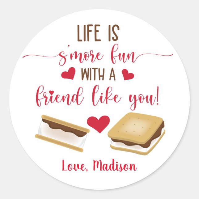 Cute S'more Fun With A Friend Valentine's Day Classic Round Sticker (Front)