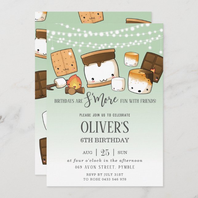 Cute S'more Smores Camping Bonfire Birthday Green Invitation (Front/Back)