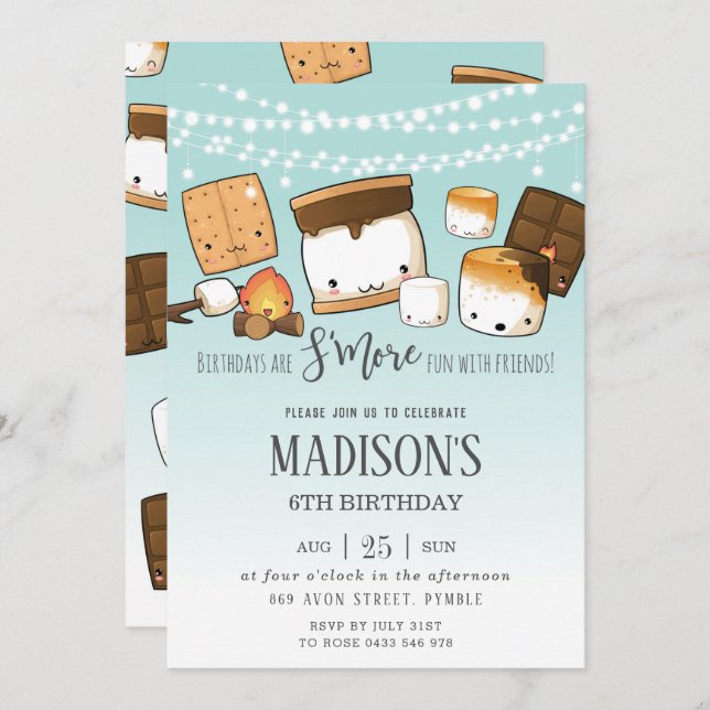 Cute S'more Smores Camping Bonfire Birthday Party Invitation (Front/Back)
