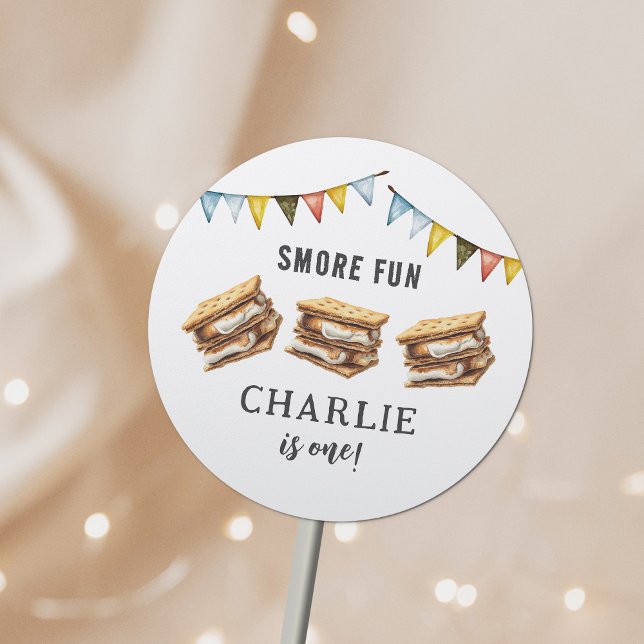 Cute Smores Camping Rustic 1st Birthday Classic Round Sticker (Creator Uploaded)