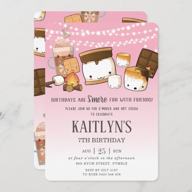Cute S'mores Hot Cocoa Camping Bonfire Birthday  Invitation (Front/Back)