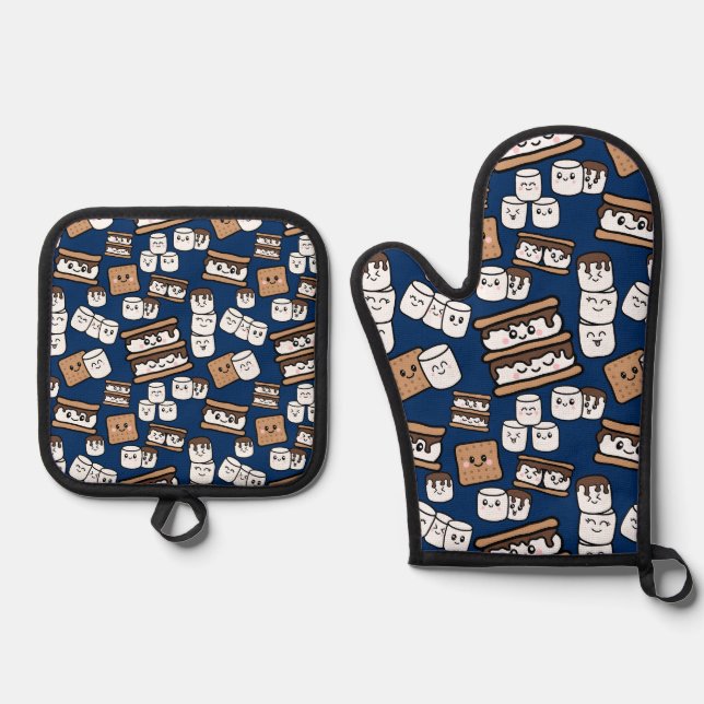 Cute Smores Marshmallow Illustration Oven Mitt & Pot Holder Set (Front)
