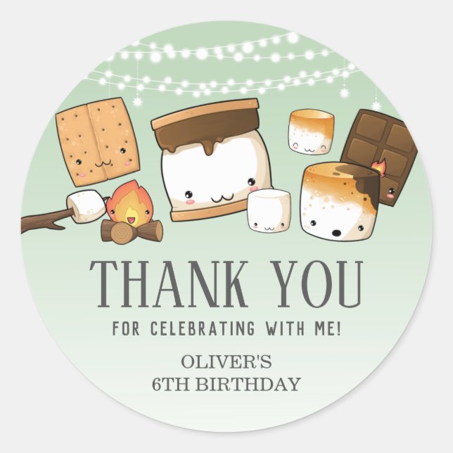 Cute S'mores Smore Birthday Thank You Favour Green Classic Round Sticker (Front)