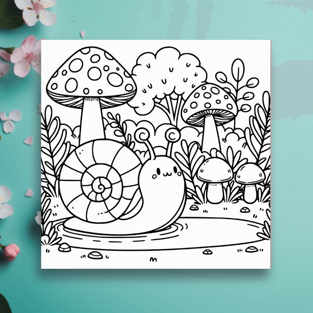 Cute Snail and Mushrooms | Colour Me Notecard (Creator Uploaded)
