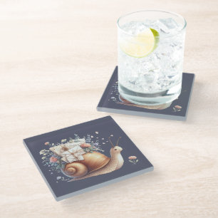 Cute Snail Mail Floral Pastel Illustration Glass Coaster