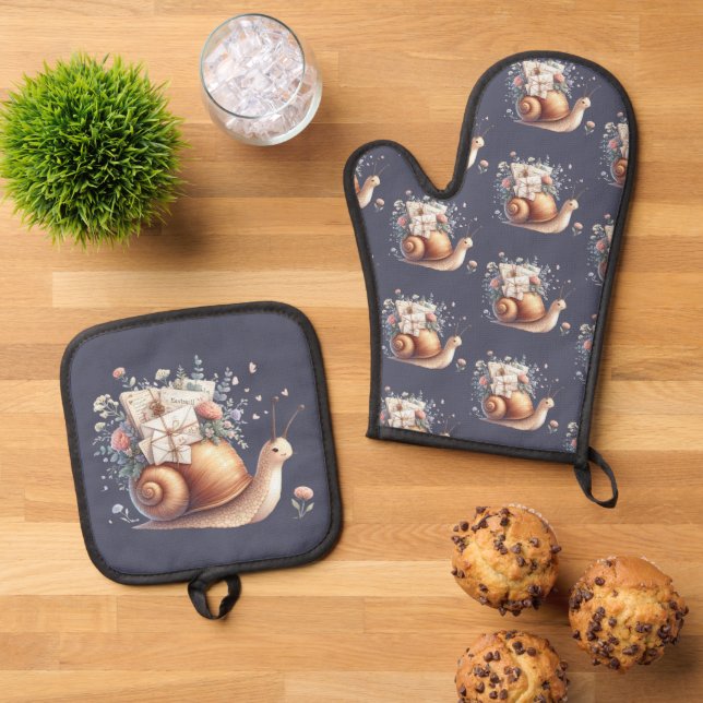 Cute Snail Mail Floral Pastel Illustration Oven Mitt & Pot Holder Set (Top Down)