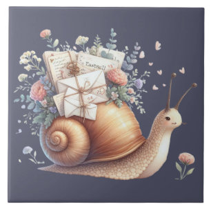 Cute Snail Mail Floral Pastel Illustration Tile