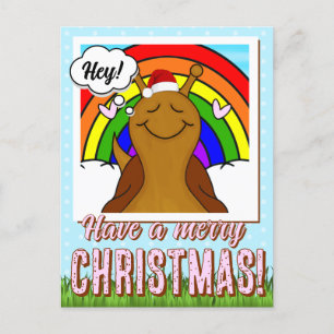 Cute Snail With Rainbow Merry Christmas Holiday Postcard