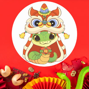 Cute Snake in Lion Dance with “Fu” Classic Round Sticker
