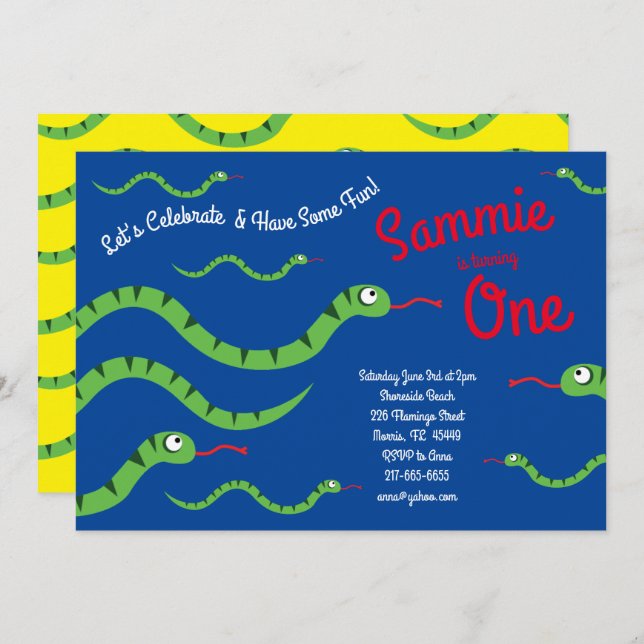 Cute Snake Reptiles Kid 1st Birthday Party Invitation (Front/Back)
