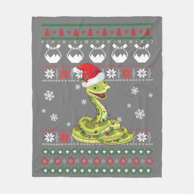 Cute Snake Ugly Sweater Christmas Light Pajama Fleece Blanket (Front)