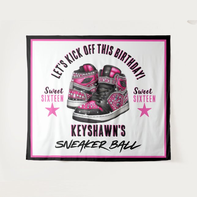 Cute Sneaker Ball Pink & Black Birthday Backrop Tapestry (Front (Horizontal))