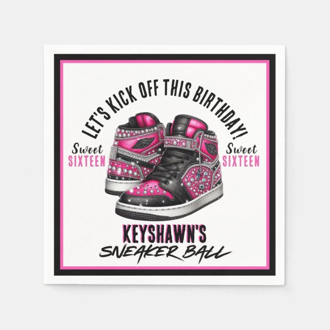 Cute Sneaker Ball Pink & Black Birthday Napkin (Front)