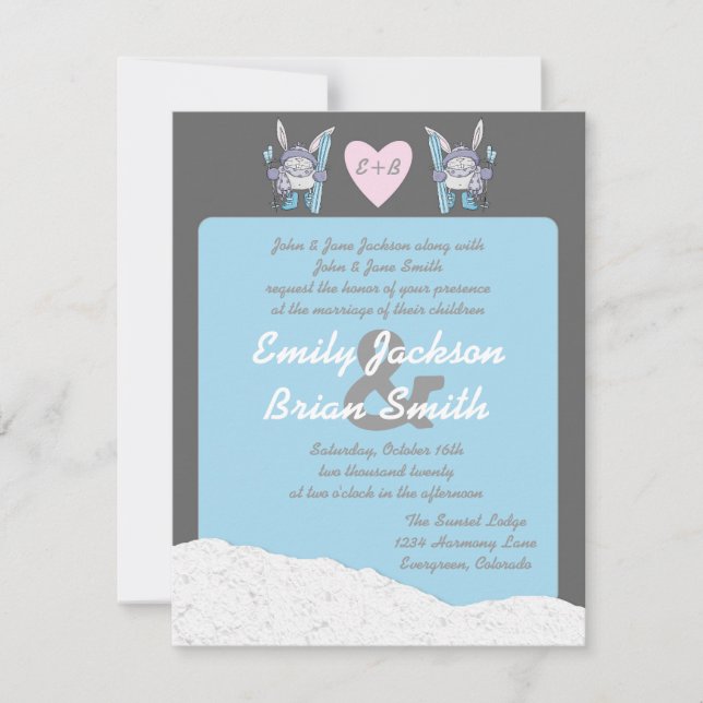 Cute snow bunny skier custom wedding invites (Front)
