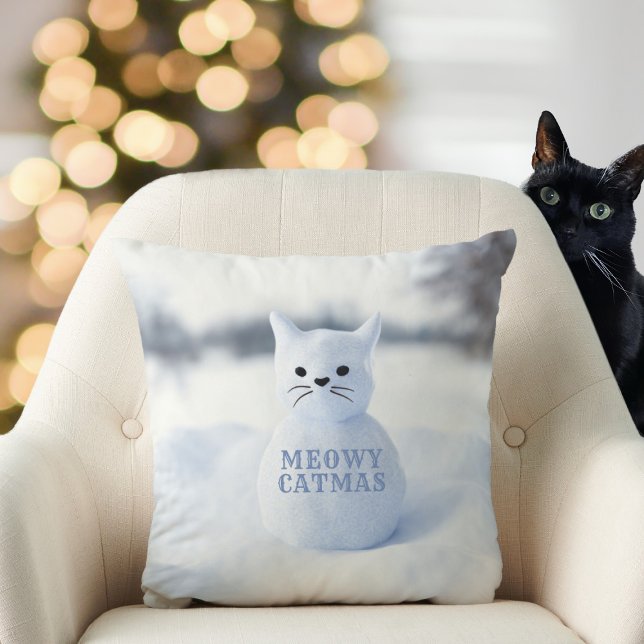 Cute Snow Cat Meowy Catmas Snowflakes Christmas Cushion (Meowy Catmas! Here's a fun & festive snow cat/winter snowflakes pillow. Your cat will love it! 😺)