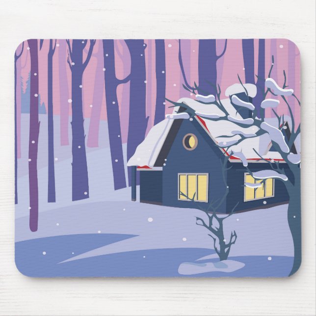 Cute Snow Filled Winter Scene with Cabin Mouse Pad (Front)