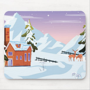 Cute Snow Filled Winter Scene with Deer Mouse Pad
