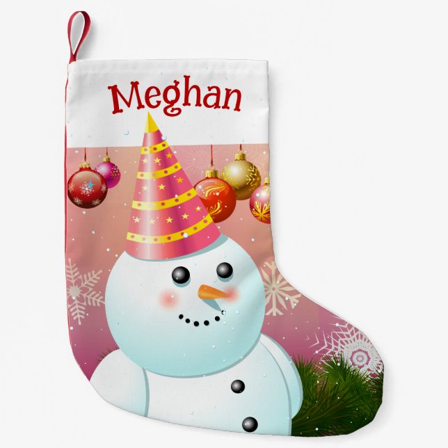 Cute Snow Lady With Pink Party Hat Small Christmas Small Christmas Stocking (Front)