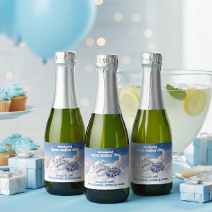 Cute Snow Leopard Asleep on Clouds Baby Shower Sparkling Wine Label