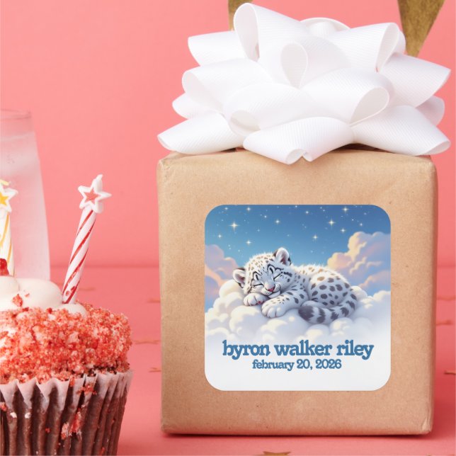 Cute Snow Leopard Asleep on Clouds Baby Shower Square Sticker (Party)