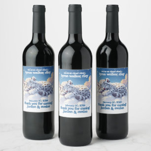 Cute Snow Leopard Asleep on Clouds Baby Shower Wine Label