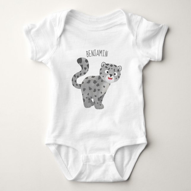 Cute snow leopard cartoon illustration baby bodysuit (Front)