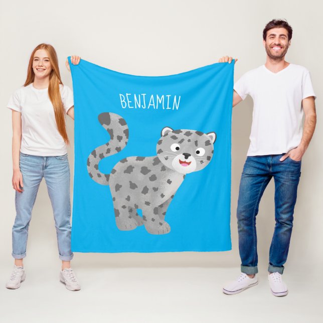Cute snow leopard cartoon illustration fleece blanket (In Situ)
