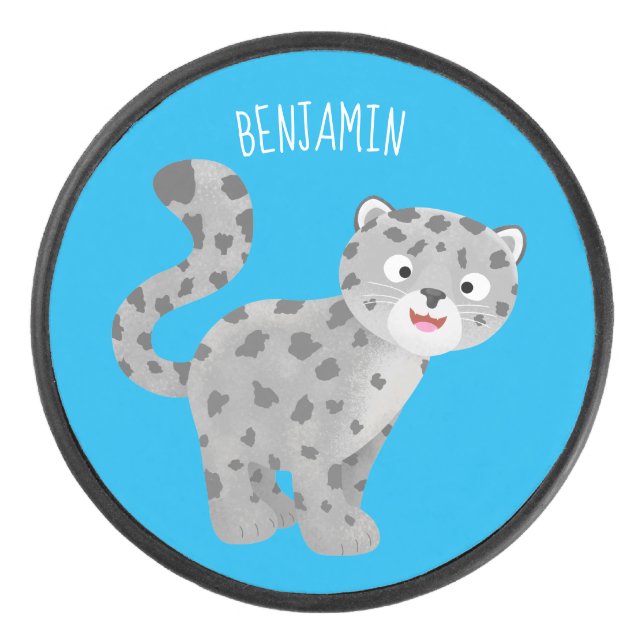 Cute snow leopard cartoon illustration hockey puck (Front)