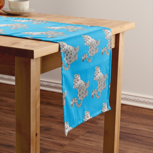 Cute snow leopard cartoon illustration short table runner (In Situ)
