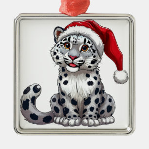 Cute Snow Leopard Cartoon in Santa Hat Metal Tree Decoration
