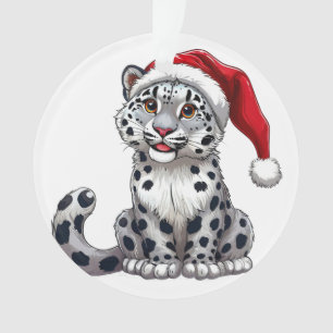 Cute Snow Leopard Cartoon in Santa Hat Ornament