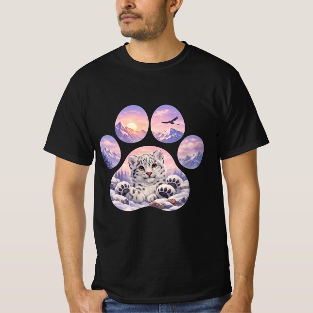 Cute Snow Leopard Paw Mountain Design T-Shirt (Front)