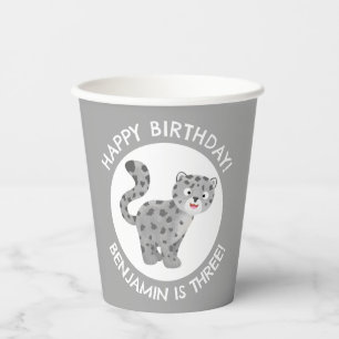 Cute snow leopard personalised cartoon birthday paper cups