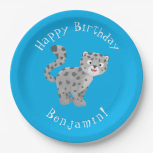 Cute snow leopard personalised cartoon birthday paper plate